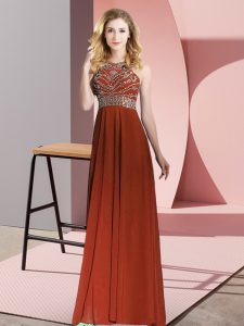 Floor Length Backless Prom Gown Rust Red for Prom and Party with Beading
