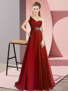 Custom Design Wine Red Sleeveless Brush Train Beading Prom Evening Gown