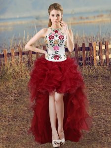 Chic Wine Red Lace Up Prom Dress Embroidery Sleeveless High Low