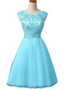 Fitting Mini Length Baby Blue Prom Dress Tulle Sleeveless Beading