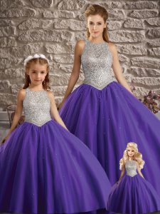 Sleeveless Beading Backless 15th Birthday Dress with Purple Brush Train
