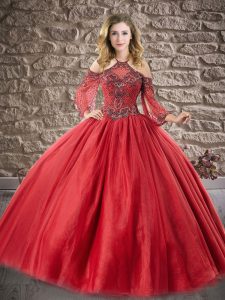 Red Tulle Zipper Halter Top 3 4 Length Sleeve Floor Length Quinceanera Gown Beading