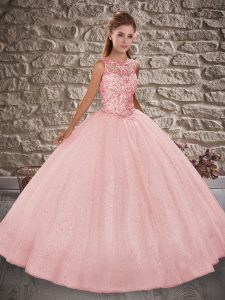 Unique Sleeveless Sequined Floor Length Lace Up Quince Ball Gowns in Pink with Beading