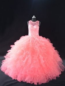 Sleeveless Floor Length Beading and Ruffles Lace Up 15th Birthday Dress with Watermelon Red