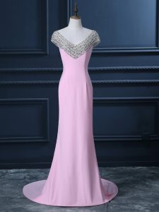 Glorious Pink Celebrity Inspired Dress Prom and Party and Military Ball with Beading V-neck Cap Sleeves Court Train Side