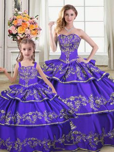 Trendy Strapless Sleeveless Satin and Organza Quinceanera Dress Embroidery and Ruffled Layers Lace Up