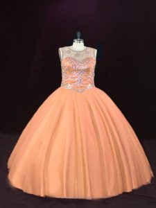 Cheap Scoop Sleeveless 15th Birthday Dress Floor Length Beading Peach Tulle