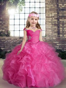 Eye-catching Hot Pink Organza Lace Up Little Girl Pageant Gowns Sleeveless Floor Length Beading and Ruffles
