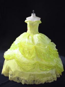Sleeveless Floor Length Lace and Sequins Lace Up Ball Gown Prom Dress with Yellow Green