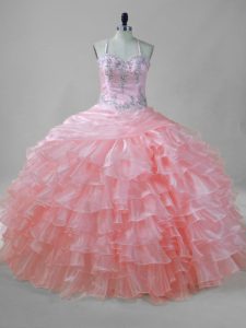 New Arrival Organza Halter Top Sleeveless Lace Up Beading and Ruffled Layers Quinceanera Dresses in Pink