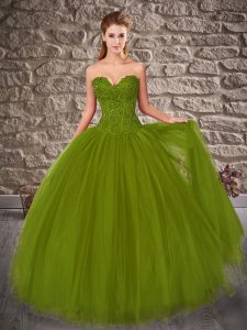 Sumptuous Sweetheart Sleeveless Quinceanera Gown Brush Train Embroidery Olive Green Tulle