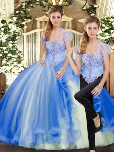 Blue Quinceanera Dress Military Ball and Sweet 16 and Quinceanera with Beading and Ruffles Strapless Sleeveless Lace Up