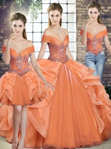 Amazing Orange Quinceanera Dress Military Ball and Sweet 16 and Quinceanera with Beading and Ruffles Off The Shoulder Sl