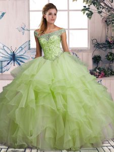 Adorable Off The Shoulder Sleeveless Ball Gown Prom Dress Floor Length Beading and Ruffles Yellow Green Organza
