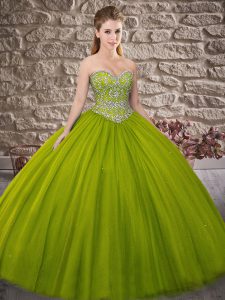 Tulle Sweetheart Sleeveless Brush Train Lace Up Beading Vestidos de Quinceanera in Olive Green