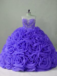 Sweetheart Sleeveless Sweet 16 Dress Brush Train Beading Lavender Fabric With Rolling Flowers