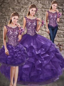 High End Floor Length Purple 15th Birthday Dress Tulle Sleeveless Beading and Ruffles