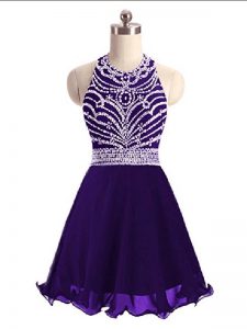 Purple Empire Chiffon Halter Top Sleeveless Beading Mini Length Lace Up Evening Dress
