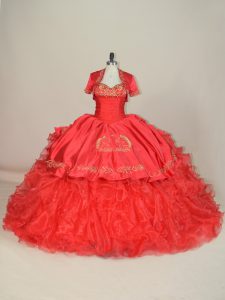 Fancy Red Sweetheart Lace Up Embroidery and Ruffles Sweet 16 Quinceanera Dress Brush Train Sleeveless