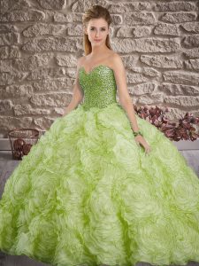Dazzling Sleeveless Fabric With Rolling Flowers Brush Train Lace Up Quinceanera Dresses in Yellow Green with Beading