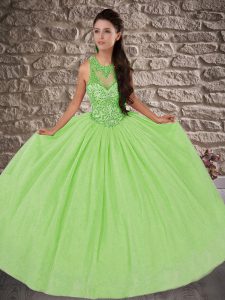 Pretty Ball Gowns Scoop Sleeveless Tulle Brush Train Lace Up Beading 15 Quinceanera Dress