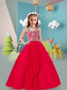 Graceful Floor Length Red Pageant Gowns For Girls Chiffon Sleeveless Beading