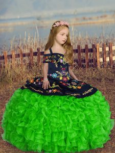 Superior Short Sleeves Lace Up Floor Length Embroidery and Ruffles Pageant Gowns For Girls