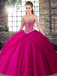 Fuchsia Sleeveless Beading and Pick Ups Lace Up Quinceanera Gown