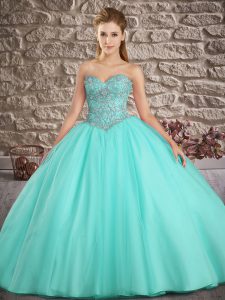 Sleeveless Tulle Brush Train Lace Up 15th Birthday Dress in Apple Green with Beading