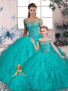Aqua Blue Ball Gowns Tulle Off The Shoulder Sleeveless Beading and Ruffles Lace Up Quinceanera Dress Brush Train