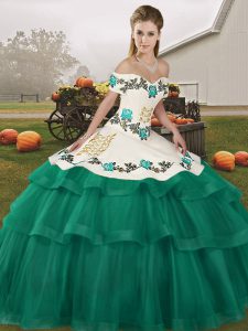 Turquoise Lace Up Off The Shoulder Embroidery and Ruffled Layers Quinceanera Gowns Tulle Sleeveless Brush Train