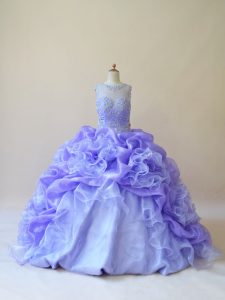 Traditional Lavender Organza Zipper Scoop Sleeveless Quinceanera Gowns Brush Train Beading and Ruffles
