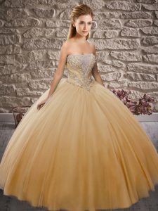 Sleeveless Tulle Floor Length Lace Up Quinceanera Dresses in Champagne with Beading