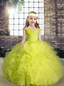 Yellow Green Pageant Dress for Girls Party and Wedding Party with Beading and Ruffles Straps Sleeveless Lace Up