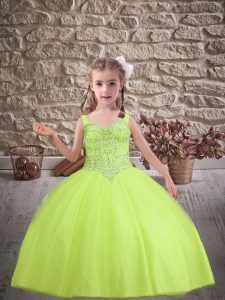 Excellent Brush Train Ball Gowns Little Girls Pageant Gowns Yellow Green Straps Tulle Sleeveless Lace Up