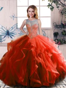 Clearance Rust Red Ball Gowns Beading and Ruffles Sweet 16 Quinceanera Dress Lace Up Tulle Sleeveless Floor Length