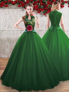 Sexy V-neck Sleeveless Lace Up Quinceanera Dress Green Tulle