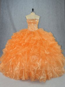 Orange Organza Lace Up Strapless Sleeveless Floor Length Quinceanera Dresses Beading and Ruffles