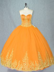 Gold Ball Gowns Tulle Sweetheart Sleeveless Beading Floor Length Lace Up 15th Birthday Dress