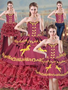 Glamorous Embroidery and Ruffles Quinceanera Gowns Burgundy Lace Up Sleeveless Brush Train