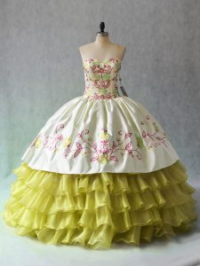 Yellow Green Ball Gowns Sweetheart Sleeveless Organza Floor Length Lace Up Beading and Ruffled Layers Vestidos de Quince