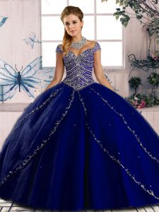 Luxurious Tulle Sweetheart Cap Sleeves Brush Train Lace Up Beading Quince Ball Gowns in Royal Blue