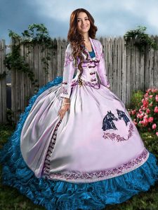 Decent Sweetheart Sleeveless Quinceanera Dresses Floor Length Embroidery Blue And White Satin