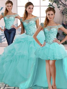 Aqua Blue Tulle Lace Up Sweet 16 Quinceanera Dress Sleeveless Floor Length Beading and Ruffles