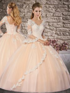 Fantastic Champagne Vestidos de Quinceanera Military Ball and Sweet 16 and Quinceanera with Lace V-neck 3 4 Length Sleev