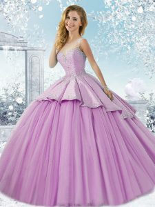 Colorful Beading Quinceanera Dress Lilac Lace Up Sleeveless Brush Train