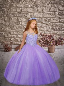Excellent Lavender Ball Gowns Scoop Sleeveless Tulle Floor Length Backless Beading Little Girls Pageant Dress