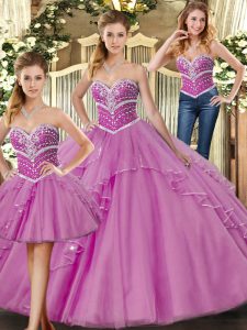 Lilac Lace Up Sweetheart Beading 15th Birthday Dress Tulle Sleeveless