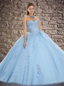 Simple Light Blue Sleeveless Tulle Brush Train Lace Up Quinceanera Gowns for Military Ball and Sweet 16 and Quinceanera
