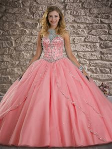Watermelon Red Sleeveless Beading Lace Up 15 Quinceanera Dress